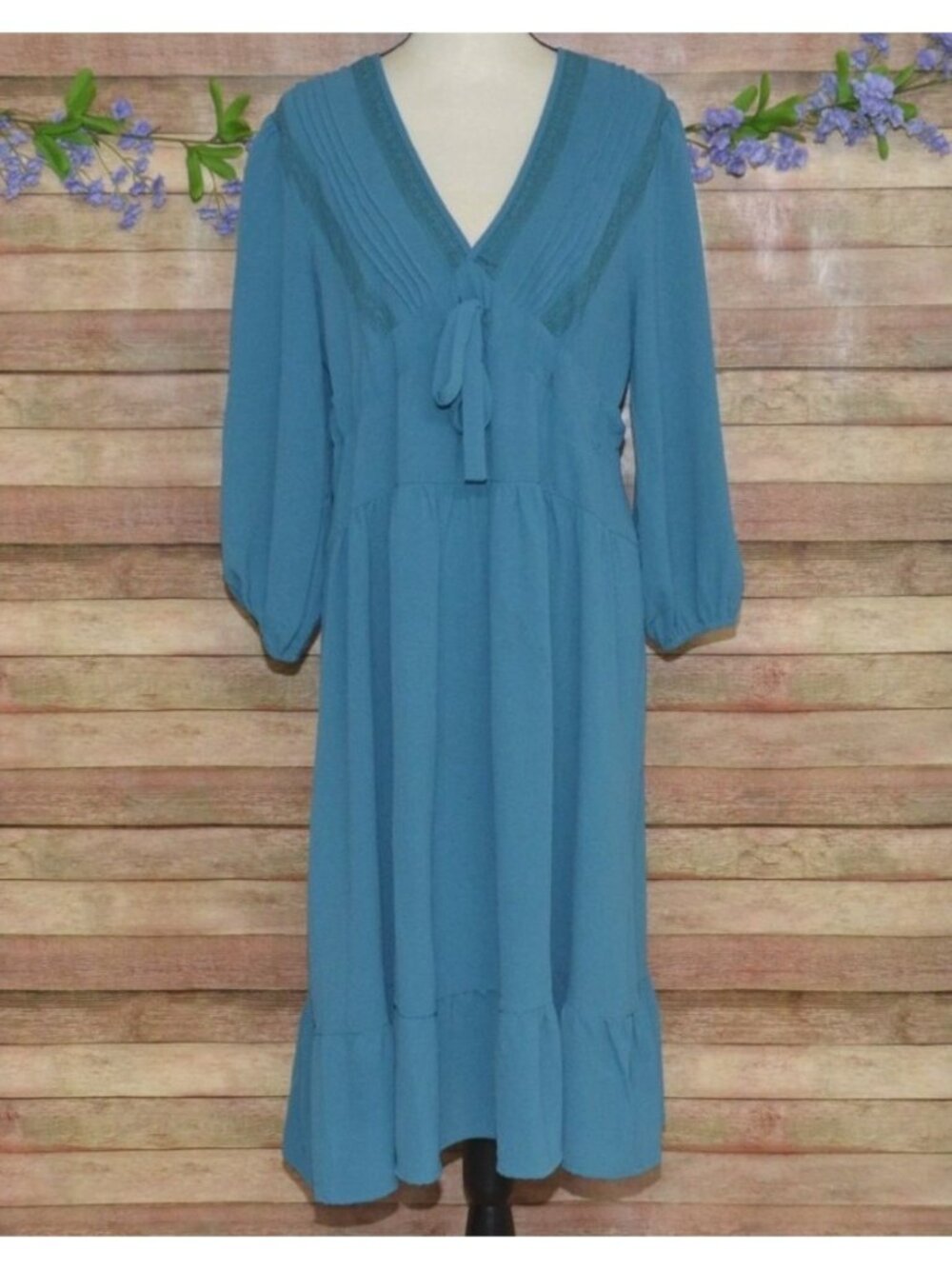 She + Sky Womens Size L Teal Blue Bow Front V-Neck Midi Dress Romantic Prairie